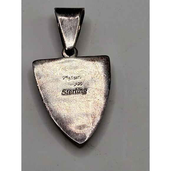 Vintage Sterling Silver Turquoise Opal Inlay Shield Pendant Southwestern 1980s - Picture 3 of 6